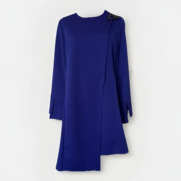 IC by Connie-K Womens L Cobalt Scuba Shift Dress Asymmetrical Buckle VTG 90s USA - Picture 2 of 11